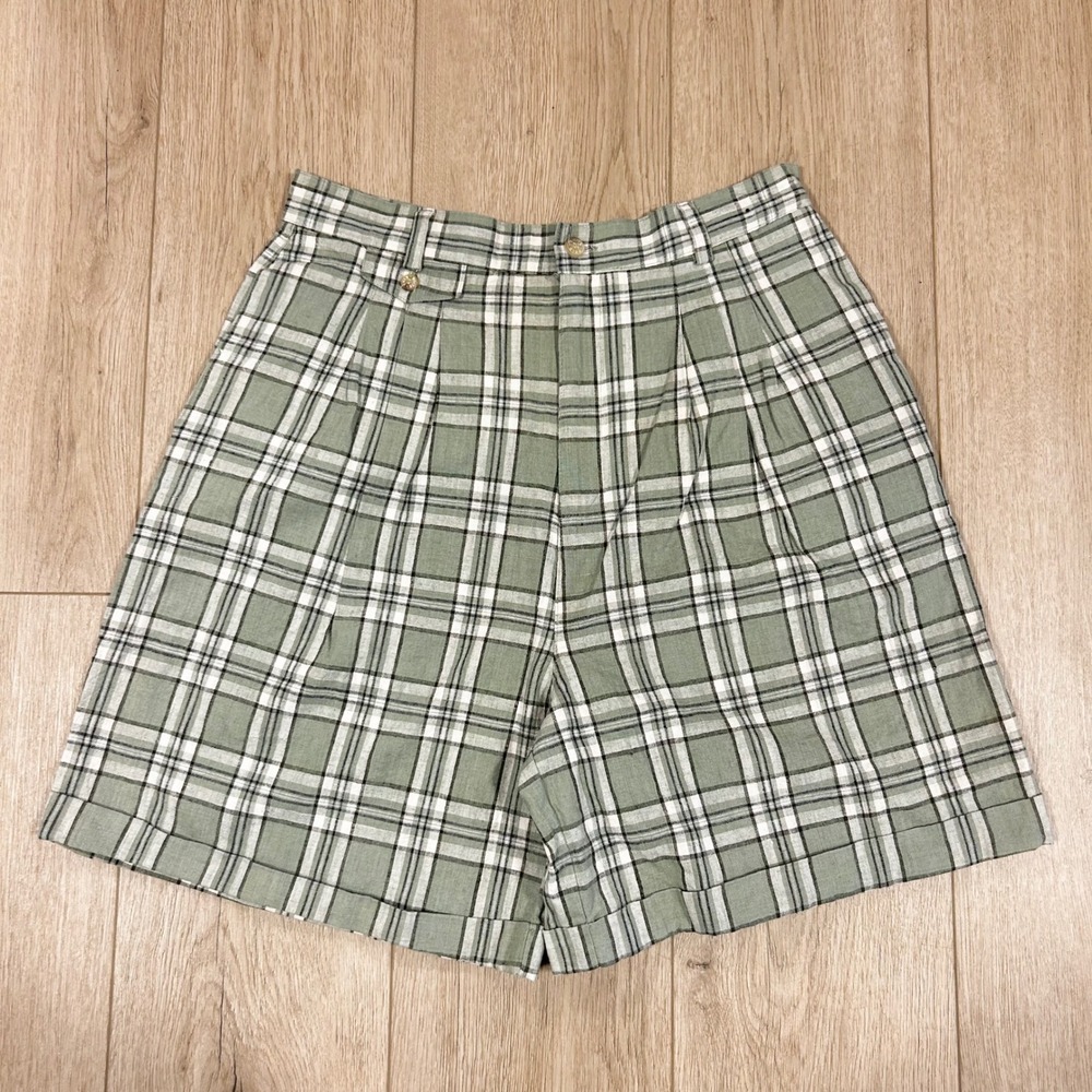 White Stag Vintage Sage Green Plaid Linen Blend Pleated Cuffed Shorts Women 31"‎